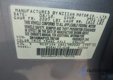 2012 Nissan Sentra 2.0/2.0S/Sr/2.0Sl z USA, uszkodzony, nr VIN 3N1AB6AP1CL782106